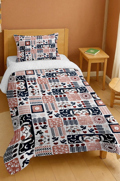 EVPANYA bumbac 100% Set de pătură pentru o persoană cu model în punct de cruce, roșu și albastru