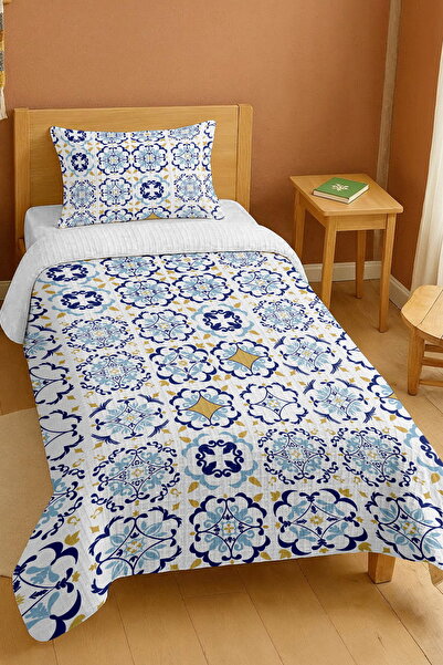 EVPANYA طقم بيكيه فردي بنمط البلاط الأصفر والأزرق مصنوع من القطن بنسبة 100%