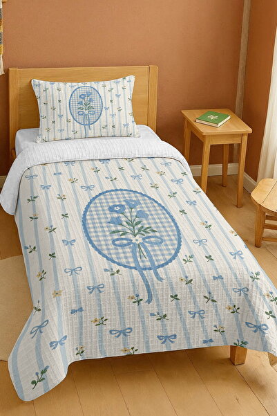 EVPANYA مجموعة بيكيه فردية منقوشة بشريط أزرق للأطفال مصنوعة من القطن بنسبة 100%