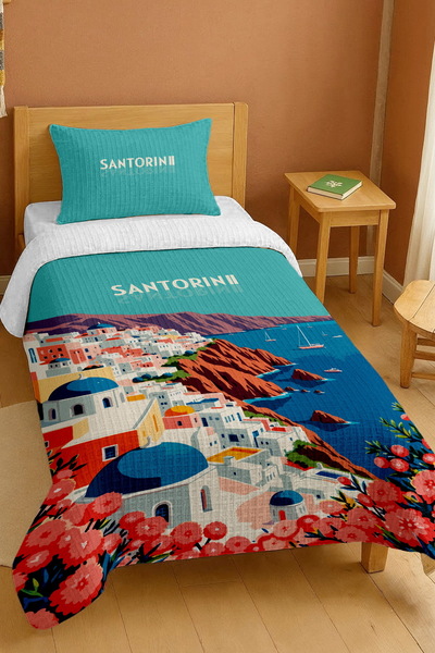EVPANYA Σετ μονόκλινο πικέ με σχέδιο Ακτής Σαντορίνης από 100% βαμβάκι