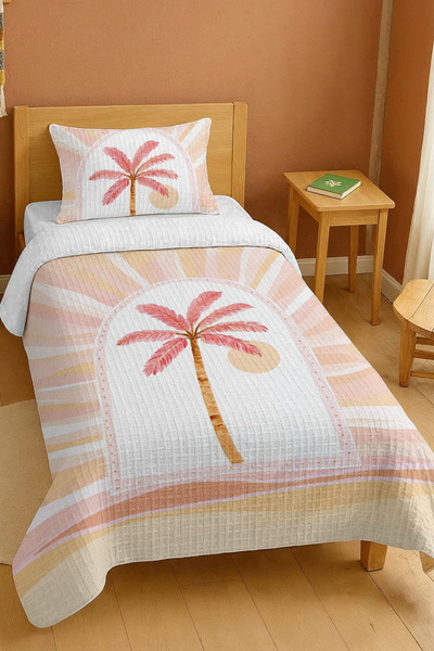 EVPANYA طقم بيكيه فردي بنمط نخيل غروب الشمس باللون الوردي مصنوع من القطن بنسب...