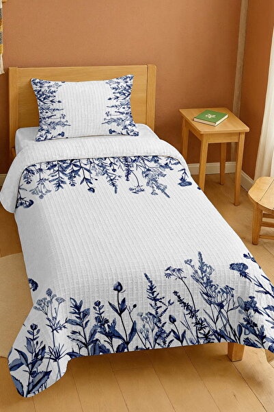 EVPANYA 100% Cotton Navy Blue Flowers Patterned Single Pique Set