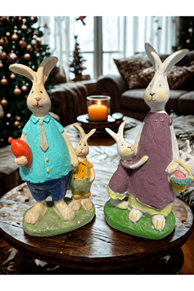 İki Cadı Tasarım Anne Kız - Baba Oğul Tavşan Biblo Set, Dekoratif Polyester Obje