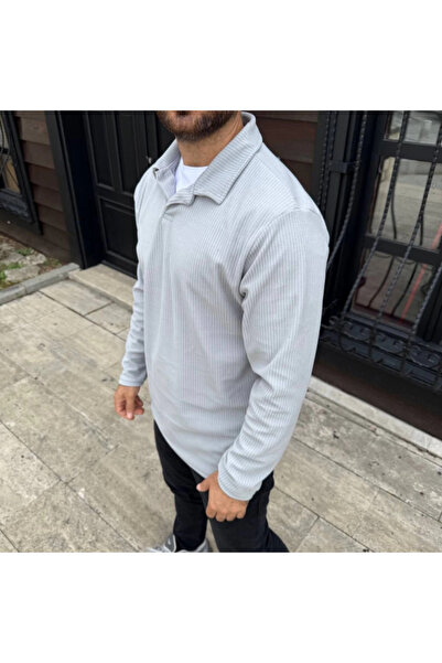 buğrahayalin Men's Corded Fabric Fleece Sweatshirt – Buttonless Polo Collar, Oversized Comfortable Fit, Thick Fleece