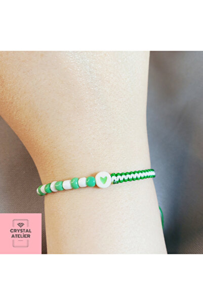 Crystal Atelier Bursaspor Heart Bead Fan Macrame Bracelet – Unisex Green White Handmade Adjustable Jewelry