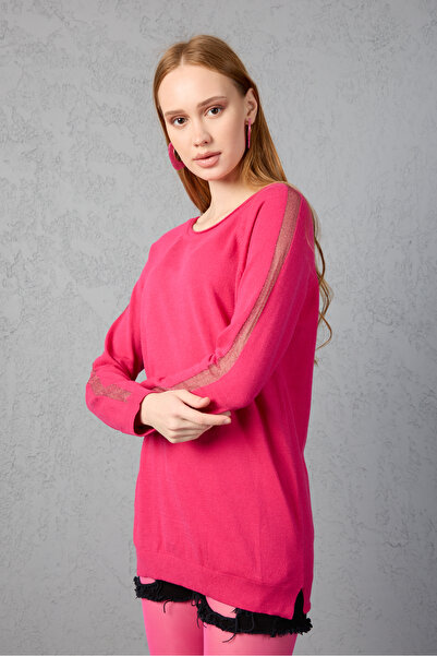 Clothes Fast Women's Fuchsia Raglan Sleeve Glitter Detailed Round Neck Knitwear Blouse