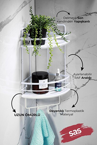 Sas Haus 2-Tier Adhesive Bathroom Corner Shelf with Hooks – Adjustable Crystal Shelf (Stick-On/Screw-On) White-White