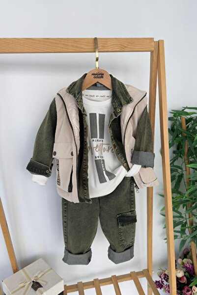Minigimin Cicileri My Little One's Cicileri Quilted Vest Set Cargo Pocket Piece 4 Piece Boy's Set - Green