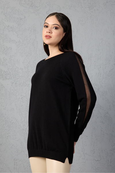 Moda Days Bluză de tricotat cu mâneci raglan negre pentru femei, cu detaliu argintiu, cu gât rotund