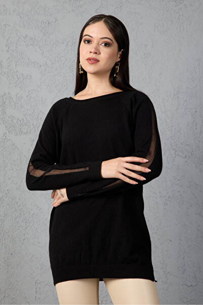 Moda Days Bluză de tricotat cu mâneci raglan negre pentru femei, cu detaliu argintiu, cu gât rotund