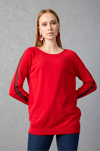 Moda Days Women's Red Raglan Sleeve Glitter Detailed Round Neck Knitwear Blouse