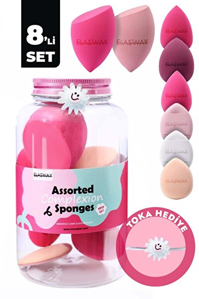 Elasway 8’li Makyaj Süngeri Seti – Damla & Kesik Damla + Parmak Bantlı Pudra Pufu, Kavanoz, Toka Hediyeli
