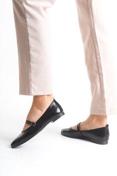 senzora Black Patent Leather Women's Daily Ballerina Shoes