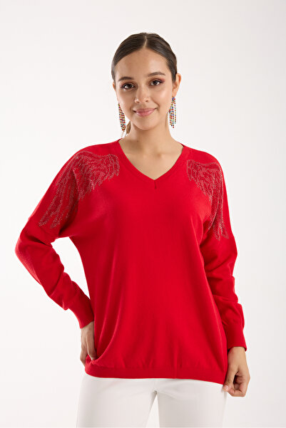 Moda Days Women's Red Shoulder Detail V-Neck Knitwear Blouse
