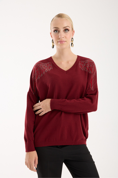 Clothes Fast Women's Burgundy Shoulder Stone Detailed V-Neck Knitwear Blouse