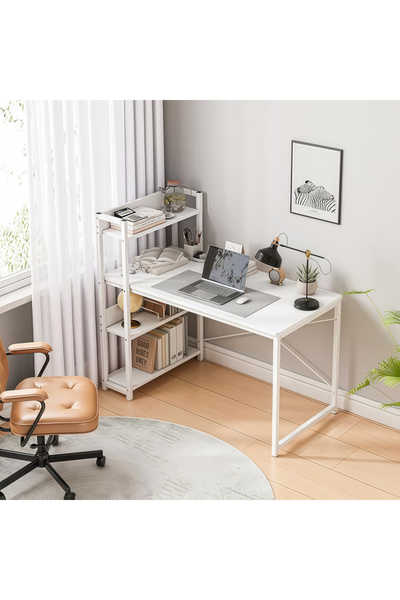 POWER مكتب 120×48 سم مع رف كتب للتخزين، مكتب زاوية مكتب مع أرفف، مع رف كتب