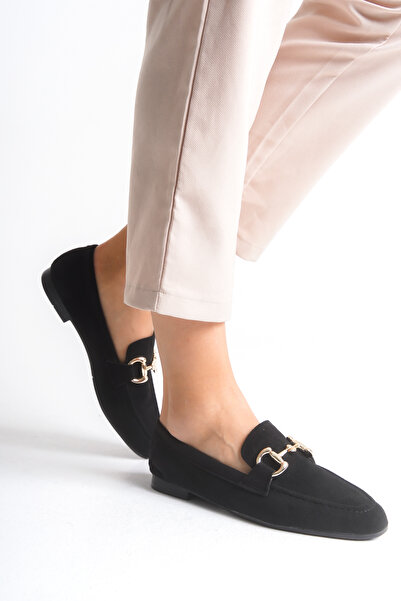 senzora Women's Loafer Ballet Flats with Buckle Black Suede