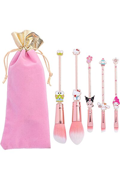 rongji jewelry مجموعة فرش مكياج قطة كرتونية وردية ناعمة، 5 قطع مع حقيبة برباط...