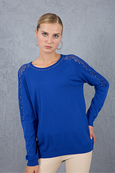 Clothes Fast Women's Cobalt Blue Lace-Like Knit Pearl Detailed Raglan Sleeve Round Neck Knitwear Blouse