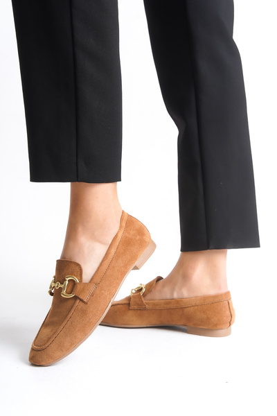 senzora Women's Loafer Ballet Flats with Buckle, Brown Suede