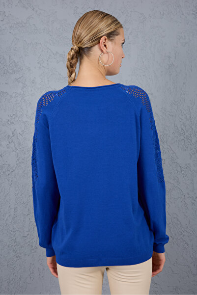 Clothes Fast Women's Cobalt Blue Lace-Like Knit Pearl Detailed Raglan Sleeve Round Neck Knitwear Blouse