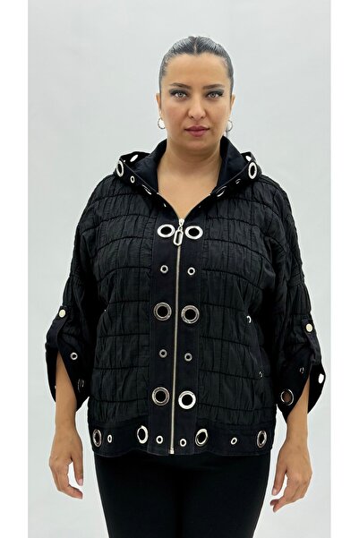DOLARES Plus Size Hooded Chain Detailed Short Slim Windbreaker Women's Jacket