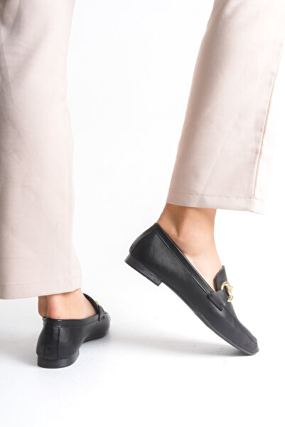 senzora Women's Loafer Ballet Flats with Buckle Black Leather