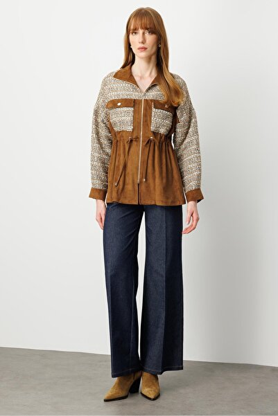 Moda İlgi Modailgi Tvit Kumaş Garnili Tünel Bağcıklı Fermuar Kapamalı Süet Oversize Tunik Vizon