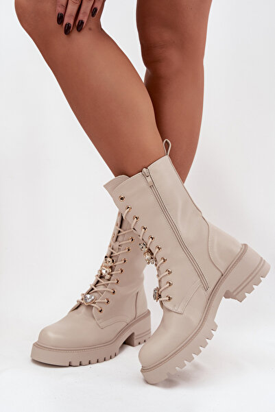 BOTO Workery Women's Ankle Boots With Heart Bear Buckles Beige Iravine 40