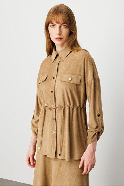 Moda İlgi Modailgi Düşük Omuz Kapak Cepli Sırtı Taş Ve Trok Detaylı Süet Gömlek Vizon