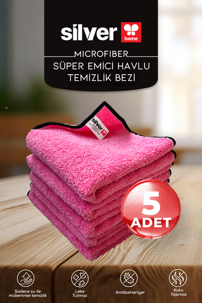 SİLVER HOME Mikrofiber Süper Emici 5'li Havlu Temizlik Bezi-Pembe