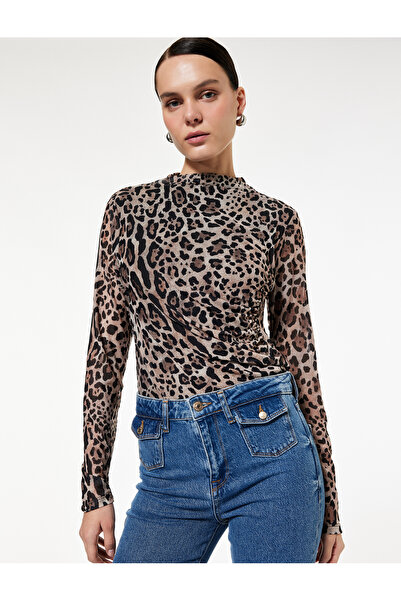 Koton Long Sleeve Semi Sheer Draped Mock Neck Leopard Print Tulle Blouse