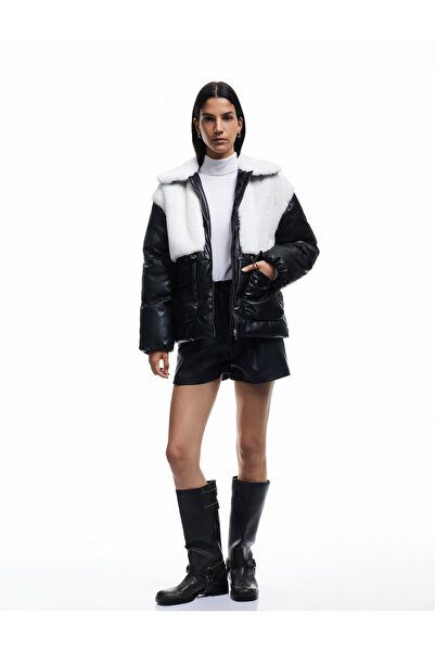 Koton Faux Fur Pocket Long Sleeve Pocket Detailed Leather Puffer Jacket