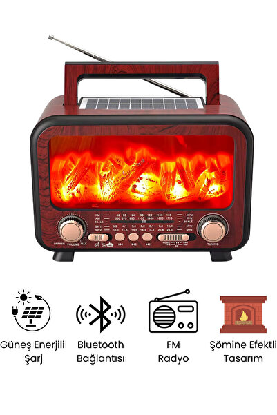 Abbruch Nostaljik Şömine Alev Efektli Güneş Enerjili Taşınabilir Radyo Blueto...