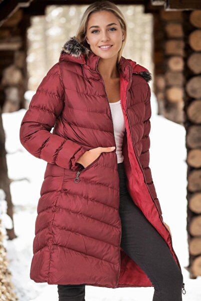 Dewberry Z6690 Fur Hooded Coat-Light Burgundy
