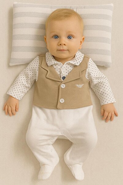 RAPAPA Baby Boy Cream-Beige Vest Set Piece Outfit Romper – Stylish Buttoned Cotton 128652