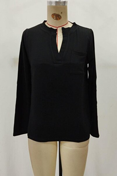 Mossta V-Neck Pocketed Viscose Two Thread Blouse - Black