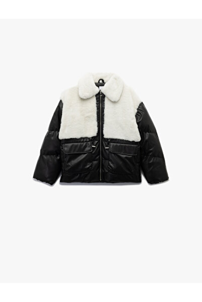 Koton Faux Fur Pocket Long Sleeve Pocket Detailed Leather Puffer Jacket