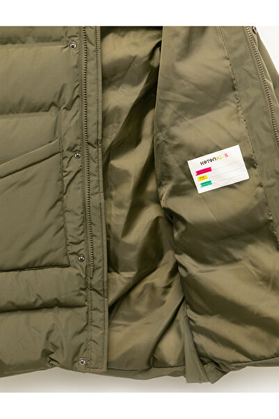 Koton Plush Detailed Long Sleeve Zippered Pocket Long Hooded Puffer Coat