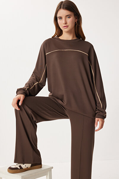 Lovelyİstanbul Contrast Stripe Modal Top and Bottom Set Lci0062 Brown