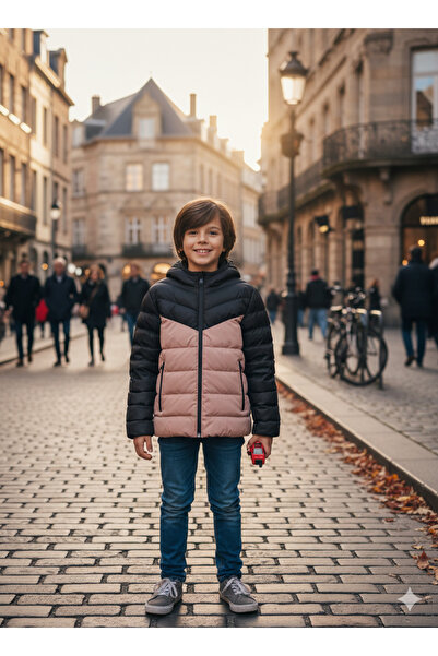 ASG TEKSTİL Palton pentru băiat, culoare negru bej, rezistent la vânt, cu buz...