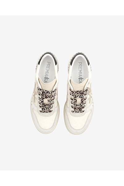 Premiata Women's Platform Sole Logo Embossed Leopard Laced Leather Beige Sneaker Micol 7751-Natural