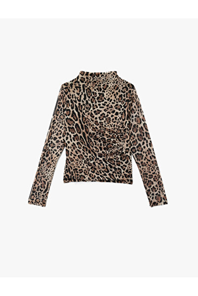 Koton Long Sleeve Semi Sheer Draped Mock Neck Leopard Print Tulle Blouse