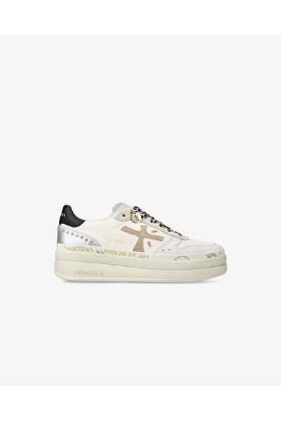 Premiata Women's Platform Sole Logo Embossed Leopard Laced Leather Beige Sneaker Micol 7751-Natural