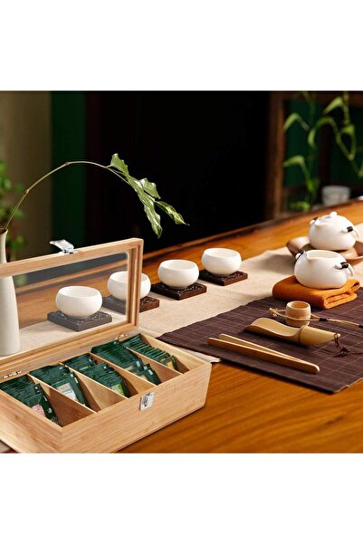 Generic Tea Bag Organizer Storage Box, 5 Compartment Wooden Chest with Clear Lid for Kitchen