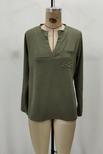 Mossta V-Neck Viscose Two-Thread Blouse with Pockets - Khaki