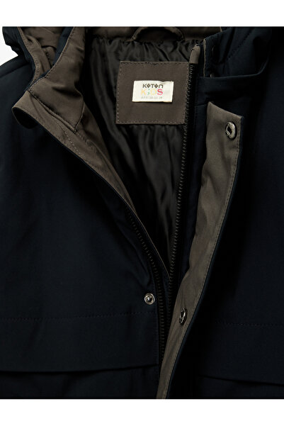 Koton Long Sleeve Snap Detailed Pocket Slim Fit Hooded Coat