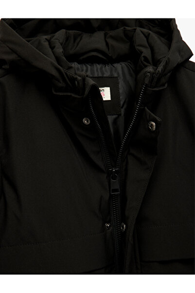 Koton Long Sleeve Snap Detailed Pocket Slim Fit Hooded Coat