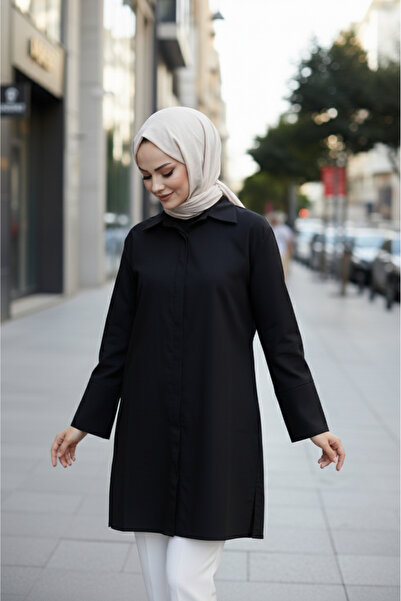 Zeneva Collection قميص نسائي طويل أسود - مصنوع من 96% قطن بوبلين مرن مع أكمام...