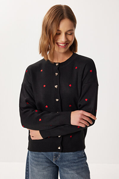 Lovelyİstanbul Heart Embroidered Stylish Buttoned Knitwear Cardigan Lnx0008 Black